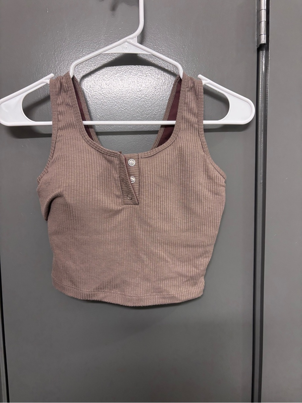 Bombshell Sportswear Ribbed Button-Front Crop Tank - Taupe